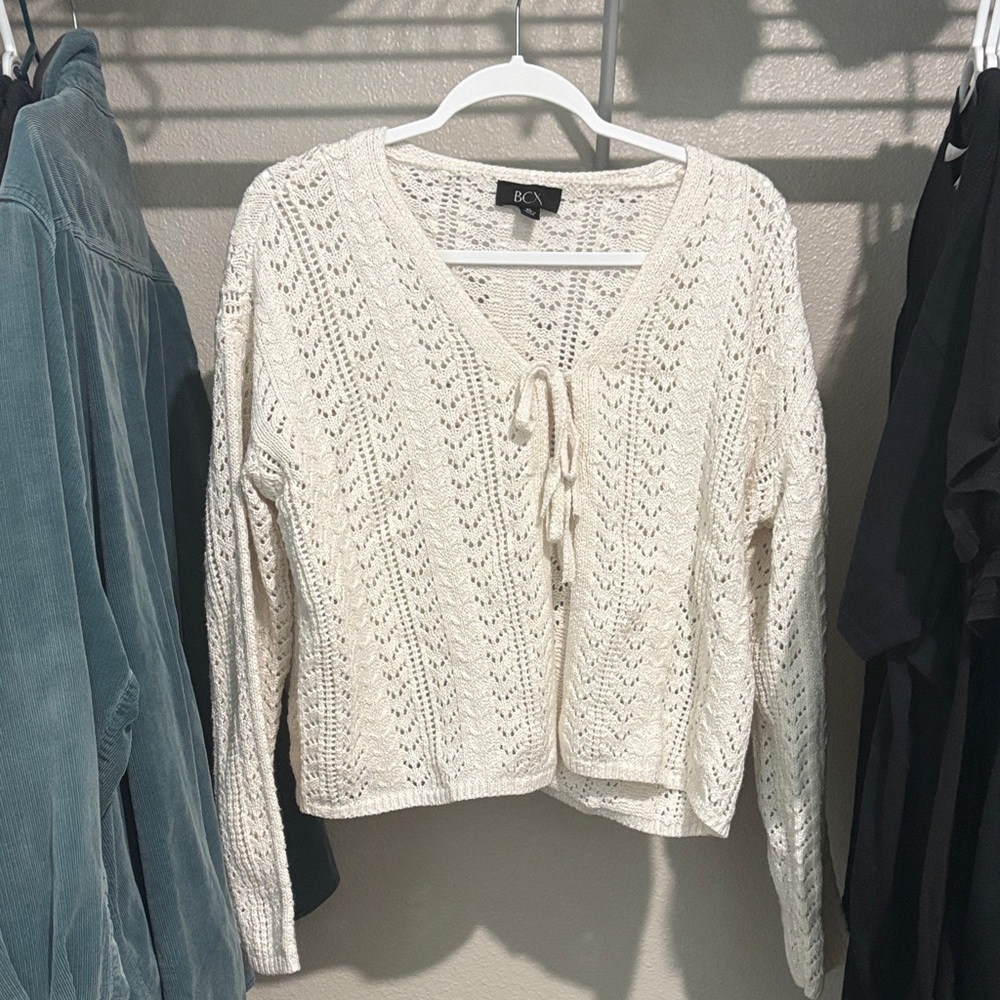 BCX Women's XL Cream Knit Cardigan Bow Ties